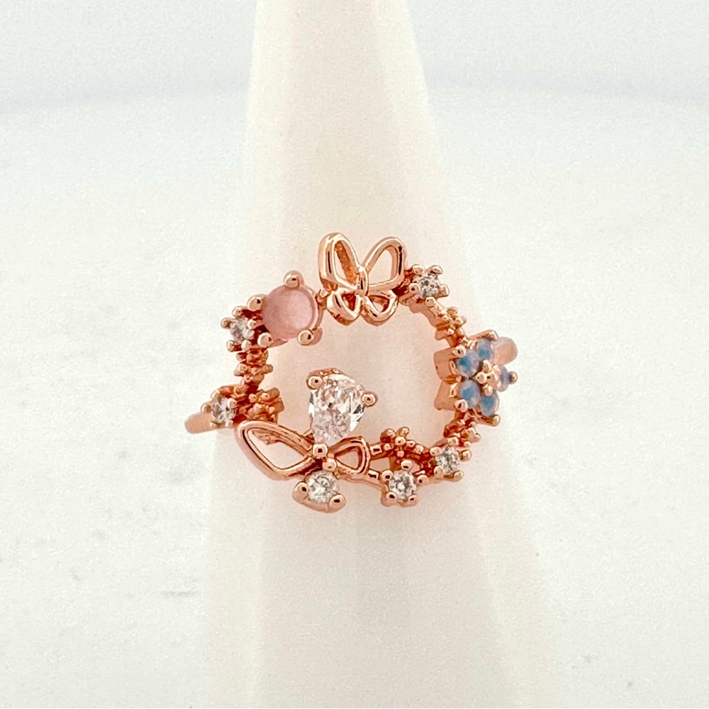 Butterfly & Flower Circle CZ Rose Gold Adjustable Band Ring